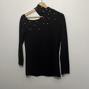 Milan Kiss, Large, Pearl detail with unique neckline, long sleeve sweater.